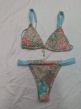 Colorful Paisley Two-Piece Bikini with Light Blue Trim